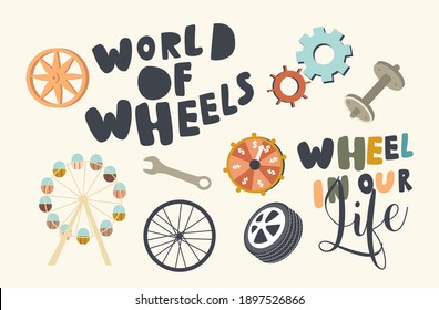 Set of Icons Wheels in Human Life Theme. Ferris, Bicycle, Automobile Wheels, Lottery Lucky Fortune, Wrench and Dumbbell with Cogwheels. Technologies Development Concept. Linear Vector Illustration