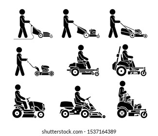 Set of icons which represent people using various types of lawn mowers. Mowed grass isolated on white background. Vector illustration of gardening grass-cutter.