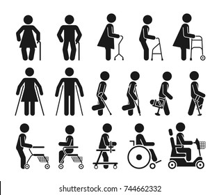 Set of icons which represent people using various orthopedic equipment. Pictograms that represent handicapped, elderly and injured people who use orthopedic accessories and wheel chair.