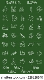 set of icons of white contour on a green background theme of a healthy lifestyle, life, happiness, family, food, vector illustration
