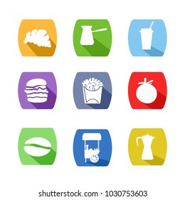 Set with icons. White silhouettes on colored buttons. Vector isolated object

