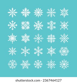 Set of icons of white snowflakes on a turquoise background