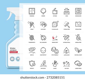 Set icons for window and glass cleaner. The outline icons are well scalable and editable. Contrasting elements are good for different backgrounds. Can be used for cleaning products, chemicals. EPS10