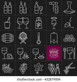 Set of icons of wine. Icons bottles and wine glasses, wine shop, tasting, food, cellar and vineyards. vector illustration.
