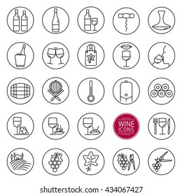 Set of icons of wine. Icons bottles and wine glasses, wine shop, tasting, food, cellar and vineyards. vector illustration.
