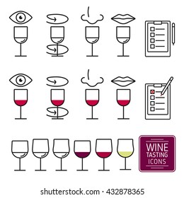 Set of icons for wine tasting. Stages of wine tasting; see, stir to flavor, smell and taste. Different icons wineglasses.