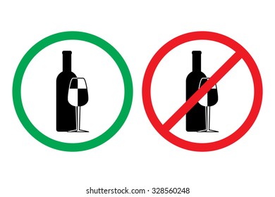 Set of icons for wine, wineries, restaurants and wine shops Sign forbidden to drink alcohol, allowed to drink alcohol
