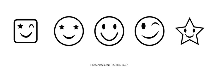 Set Icons Of Winking Face, Smiley Face Vector Icon, Smile Emoticon, Smile Emoji Icon Vector, Smilling And Laughing Black Outline Emoji Faces