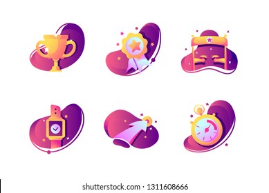 Set icons with winner cup, stopwatch, finishing tape, prize. Concept collection modern symbols for successful sport, internet, ad, web. Pixel perfect. Vector illustration.