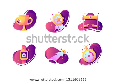 Set icons with winner cup, stopwatch, finishing tape, prize. Concept collection modern symbols for successful sport, internet, ad, web. Pixel perfect. Vector illustration.