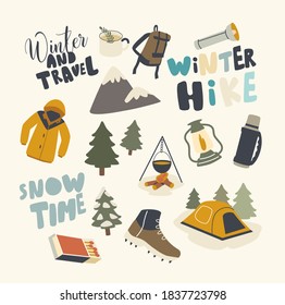 Set of Icons Winter Hike Theme. Backpack, Warm Clothes or Tourist Equipment Cauldron, Tent, Shoes and Matches, Lantern, Vacuum Flask and Fir Trees with Mountain, Flashlight. Linear Vector Illustration