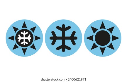 Set of icons of winter, summer and and all weather and any season. Sun and snowflake symbols and all-season sign.