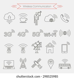 Set of icons of wireless communications. Home and mobile networks. Cloudy storage. Internet cafe. Satellite communication. Thin line style. Vector element of graphic design