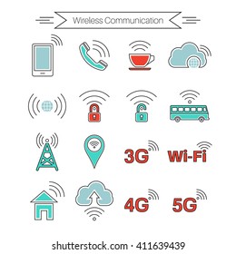 Set of icons of wireless communications. Home and mobile networks. Cloudy storage. Internet cafe. Thin line style. Vector element of graphic design