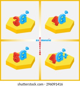 Set of icons of wireless mobile communications. Mobile networks. Isometric collection. Vector element of graphic design