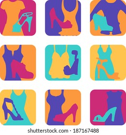 set of icons with women dress and shoes, vector illustration