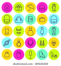 set of icons women's clothing and accessories. Bright colors. Line art.