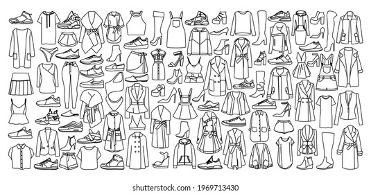 Set of icons of women's clothing and accessories: t-shirts, dresses, pants, jackets, high heels, boots, sandals.