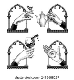 A set of icons of women's hands in a gothic frame with a butterfly, a glass with a vine, a coffee cup and a round mirror with a reflection of the eye. Vector illustration in engraving style