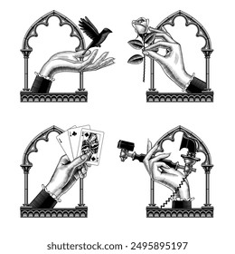 A set of icons of women's hands in a gothic frame with a flying bird, a rose flower, playing cards and a retro phone receiver. Vector illustration in vintage engraving style