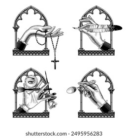 Un conjunto de iconos de manos de mujeres en un marco gótico con un rosario con una cruz, una pluma de pájaro para escribir, un conjunto de cosméticos y una cucharada. Ilustración vectorial en estilo de grabado vintage