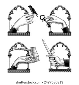 A set of icons of women's hands in a gothic frame with a bird on the finger, an antique key, a turkish coffee pot and an old dagger. Vector illustration in vintage engraving style