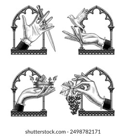 A set of icons of women's hands in a gothic window frame with a flying bird, a royal crown, a bunch of grapes and an old dagger. Vector illustration in vintage engraving style