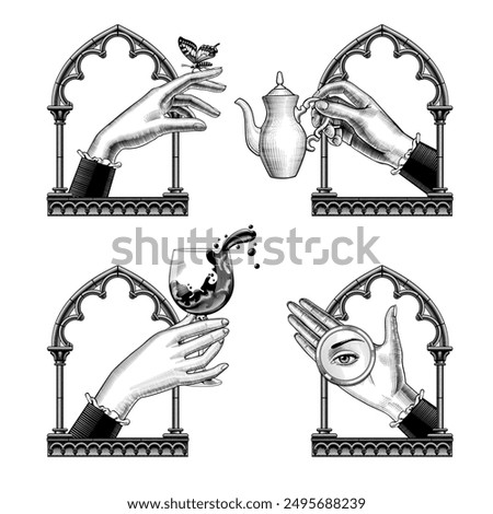 A set of icons of women's hands in a gothic frame with a butterfly, a glass with a vine, a coffee cup and a round mirror with a reflection of the eye. Vector illustration in engraving style