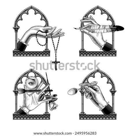 A set of icons of women's hands in a gothic frame with a rosary with a cross, a bird's feather for writing, a set of cosmetics and a tablespoon. Vector illustration in vintage engraving style