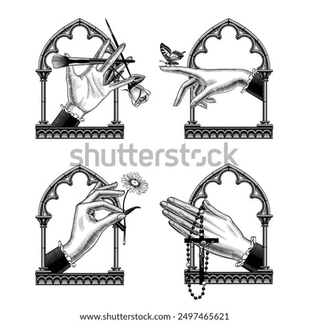 A set of icons of women's hands in a gothic frame with rosaries with a cross, cosmetics, a flower and a butterfly on the index finger. Vector illustration in vintage engraving style