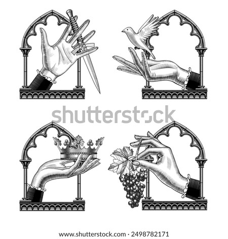A set of icons of women's hands in a gothic window frame with a flying bird, a royal crown, a bunch of grapes and an old dagger. Vector illustration in vintage engraving style
