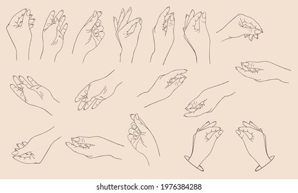 Set of icons women's hands in a trendy minimal style. Vector Illustration of female hands with various gestures. To create yours designs
