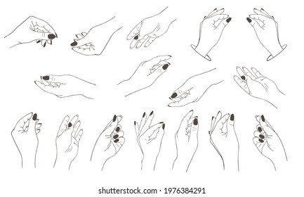 Set of icons women's hands in a trendy minimal style. Vector Illustration of female hands with various gestures. To create yours designs