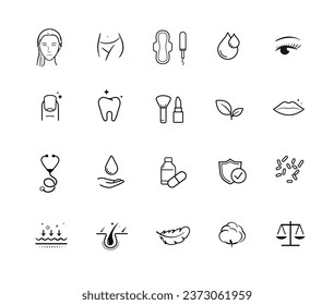 Set icons of womens health. Vitality icon set for human-improving products. Vector illustration. Isolated on white background. It can be used in the adv, promo, package, etc. EPS10.