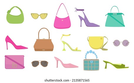 Set of icons of women's shoes with heels, bags and glasses. Color drawings of fashion accessories: shoes, bags, glasses. Vector illustration.