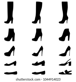 Set of icons of women's shoes. Vector shoes silhouette. Black on white. 