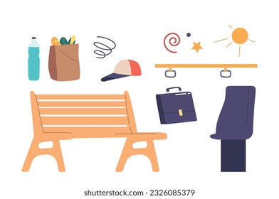 Set of Icons Wooden Bench, Paper Bag with Grocery, Water Bottle, Briefcase, Bus Seat and Handle, Cap, Sun and Stars