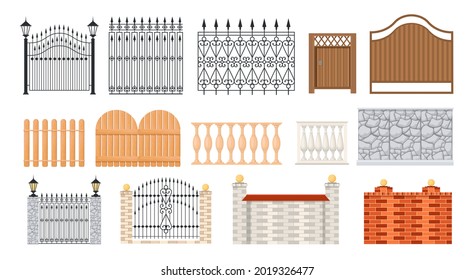 Set of Icons Wooden, Metal, Brick and Stone Fences, Handrail, Balustrade Sections and Grates. Balcony Panels, Terrace Marble Fencing Architecture isolated design elements, Cartoon Vector Illustration