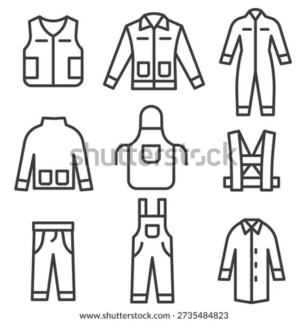 A set of icons of work clothes and special uniforms with a thin line. EPS 10.