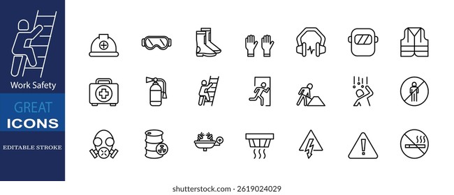 Set of icons for Work Safety. Editable stroke. Vector illustration
