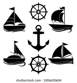 A set of icons of a yacht, a helm, a sailboat, a rope. Vector.