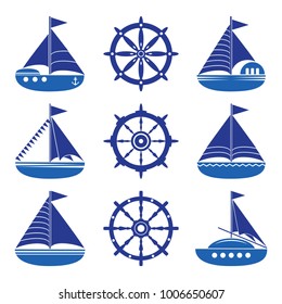 A set of icons of a yacht, a helm, a sailboat, a rope. Vector.