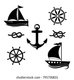 A set of icons of a yacht, a helm, a sailboat, a rope. Vector.
