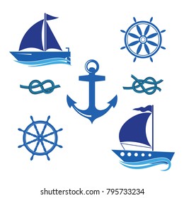 A set of icons of a yacht, a helm, a sailboat, a rope. Vector.
