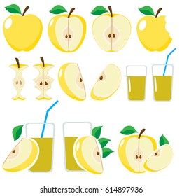 Set of icons of yellow vector apples and glasses of apple juice
