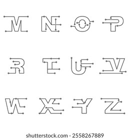 Set of icons for your design, Techno type font alphabet.Digital hi-tech style letters on white background. Stock vector for your headlines, posters etc.