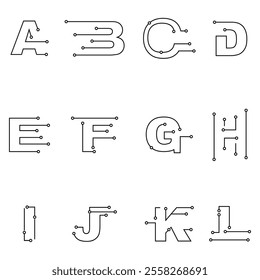 Set of icons for your design, Techno type font alphabet.Digital hi-tech style letters on white background. Stock vector for your headlines, posters etc.