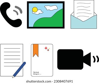 Conjunto de iconos para su diseño que consta de teléfono, dibujo, correo, nota, libro e icono de vídeo.