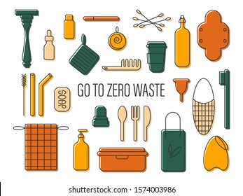 Set of icons "Zero waste". Durable and reusable items or products-glass jars, ECO food bags, wooden Cutlery, bamboo toothbrush, menstrual Cup, thermo mug. Flat vector illustration