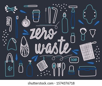 Set of icons "Zero waste". reusable items or products-glass jars , ECO food bags, wooden Cutlery, bamboo toothbrush, menstrual Cup, thermo mug. Flat vector illustration hand-drawn.